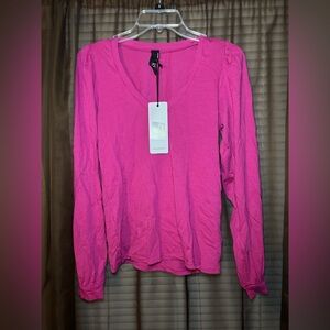 Bobi Pink V-Neck Puff Long Sleeve Top Tee Dragon Fruit